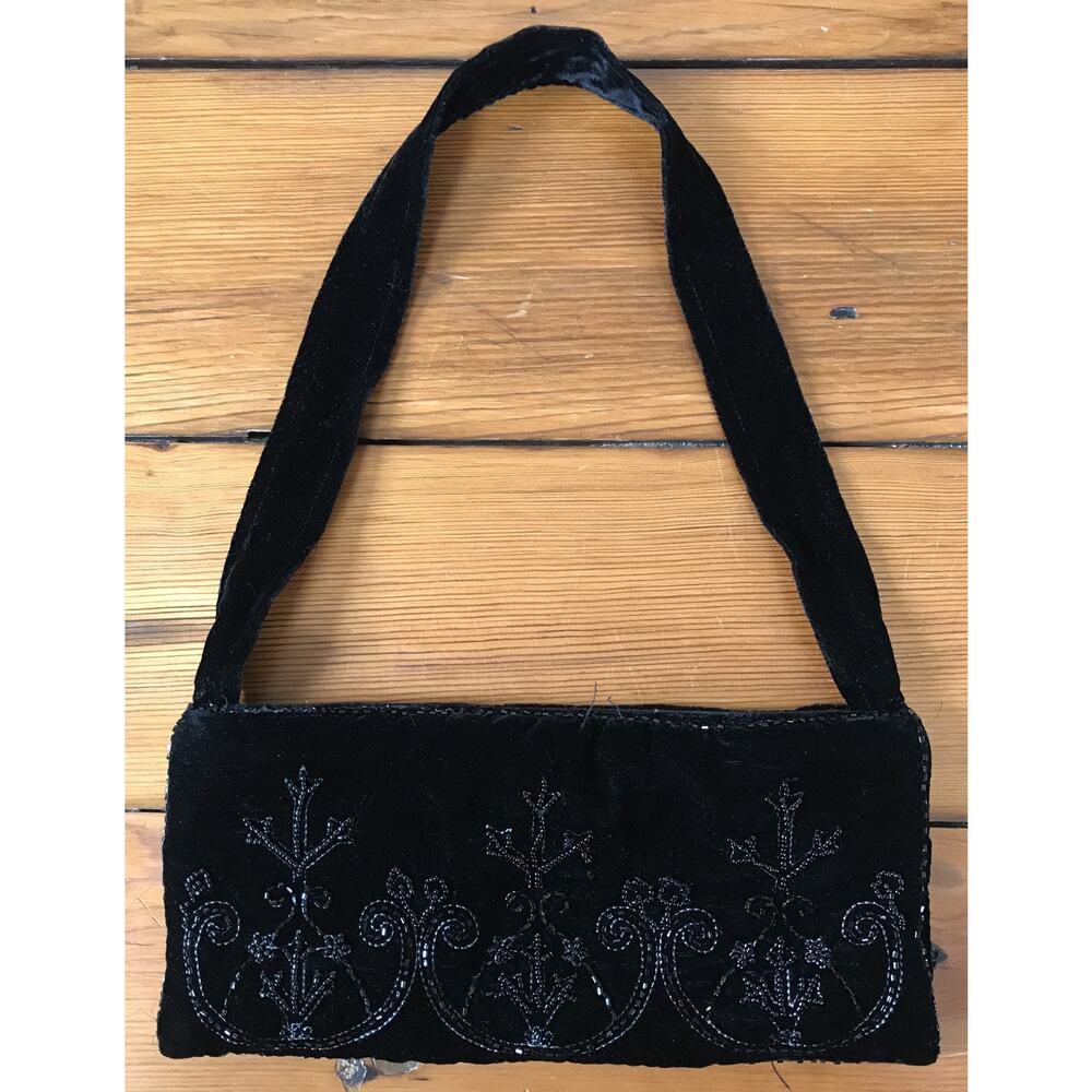 Patsy Seddon Phase Eight Black Velvet Silk Beaded Clutch Purse Evening Bag 10.5"